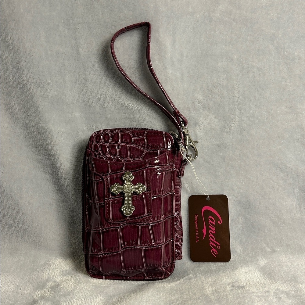 Candie Burgundy Croc-Embossed Wristlet with Cross Accent